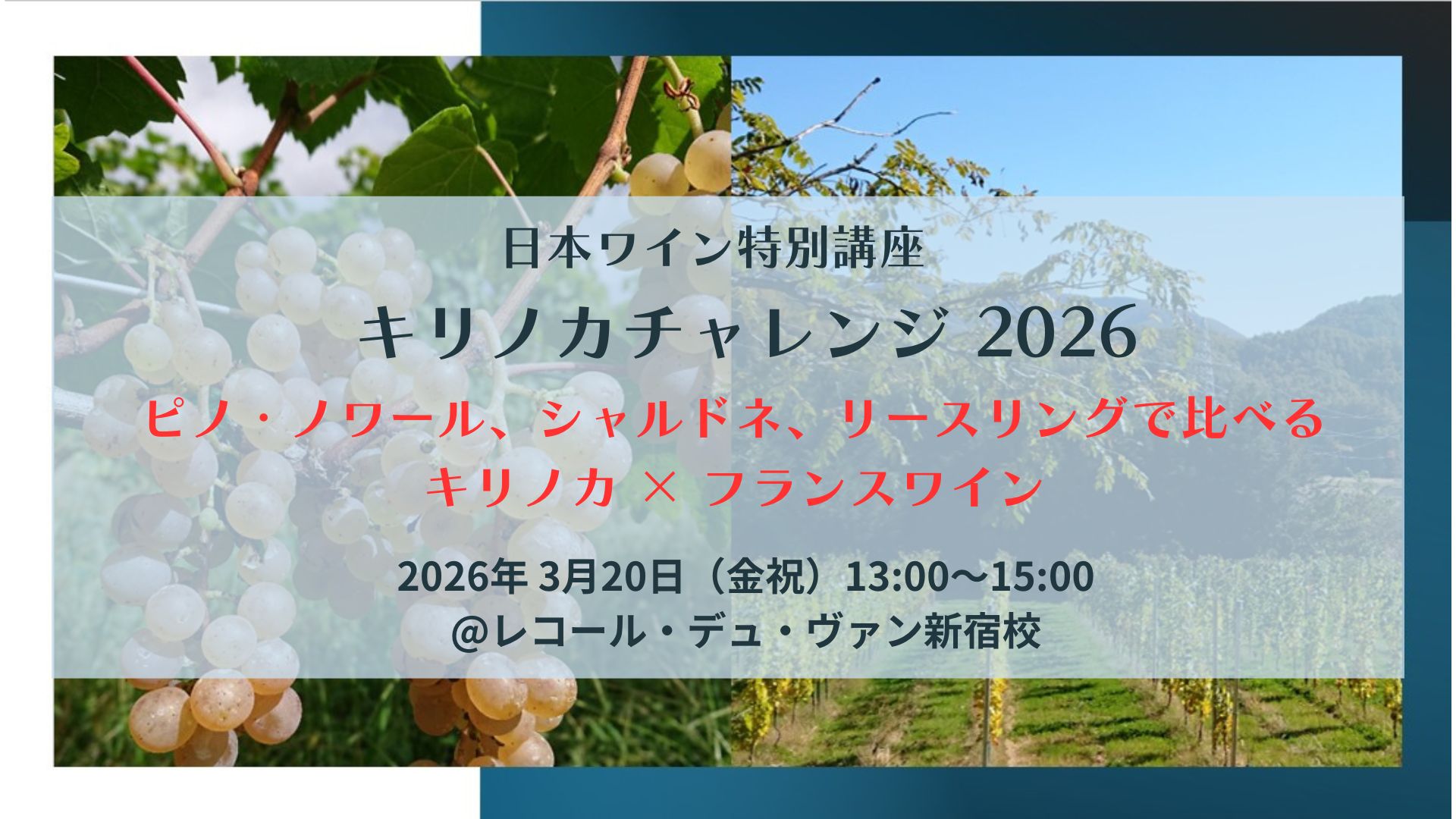 【特別講座】キリノカチャレンジ2026  ～ピノ・ノワール、シャルドネ、リースリングで比べる　キリノカ×フランスワイン～